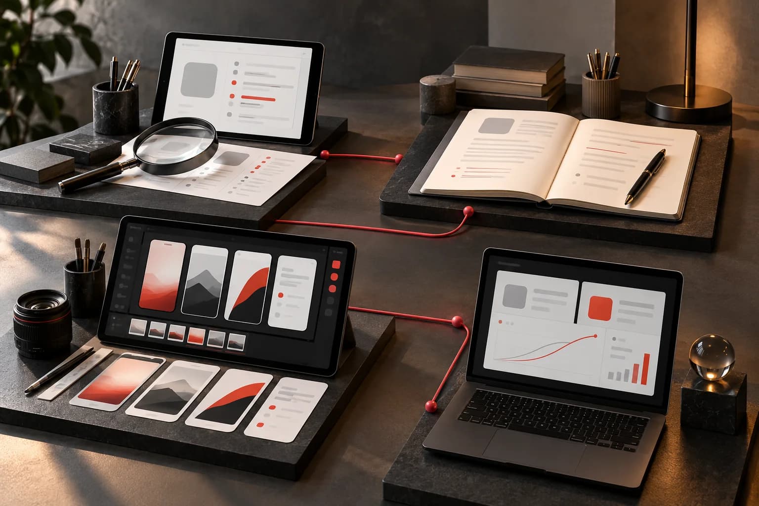 Concept illustration: Four physical workstations in a miniature but photoreal architectural studio: audit proof, metadata copy, screenshot production and experiment readout, connected by a single fine red workflow line.