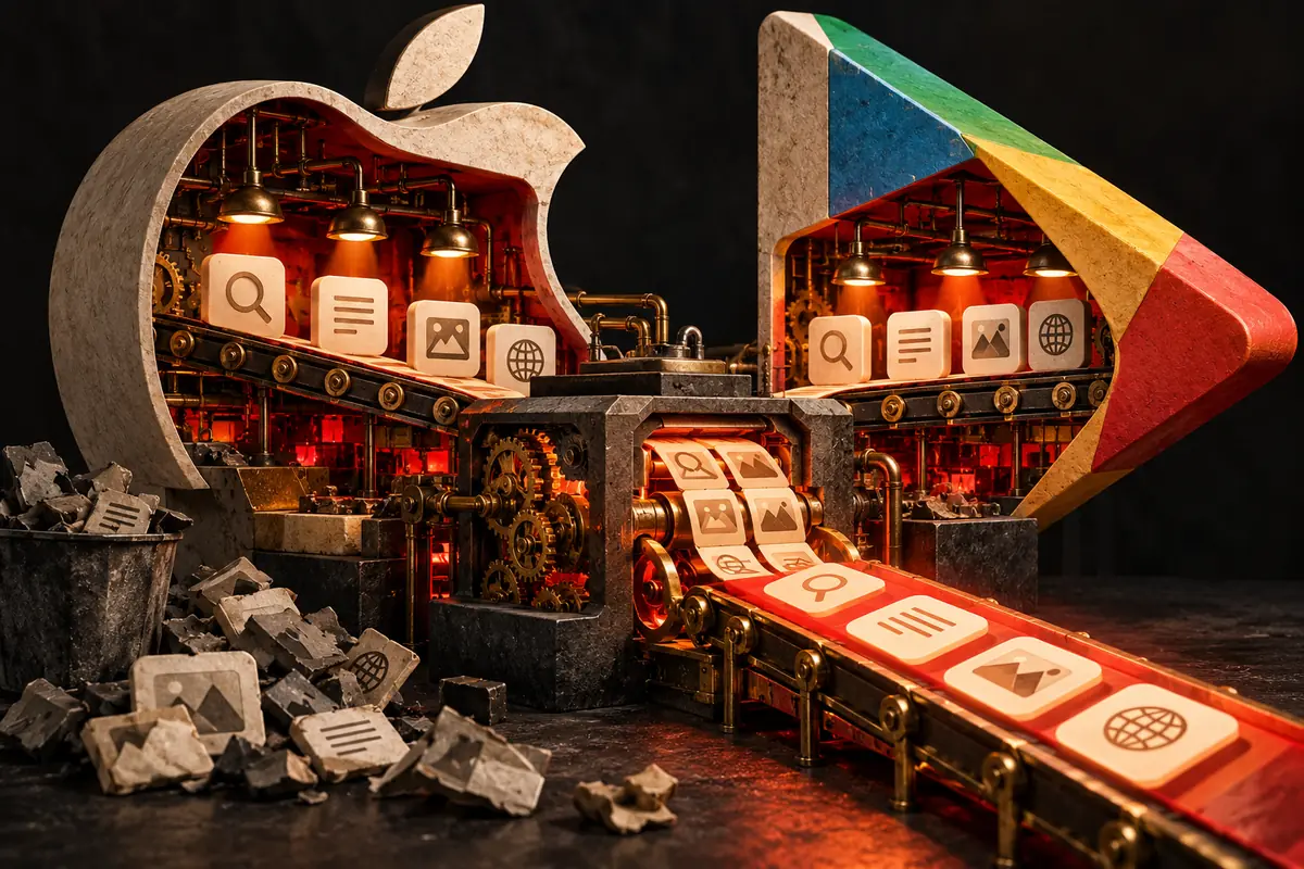 Cutaway app-store-shaped structures reveal the keyword, copy, creative and localization work inside, introducing ASO services.