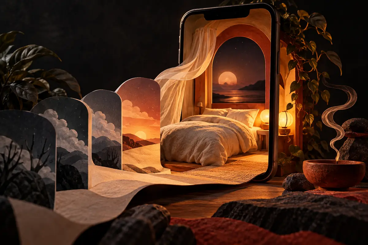 ASO Audit: Calm illustration: A phone opens into a quiet bedroom reached through calming scenes.
