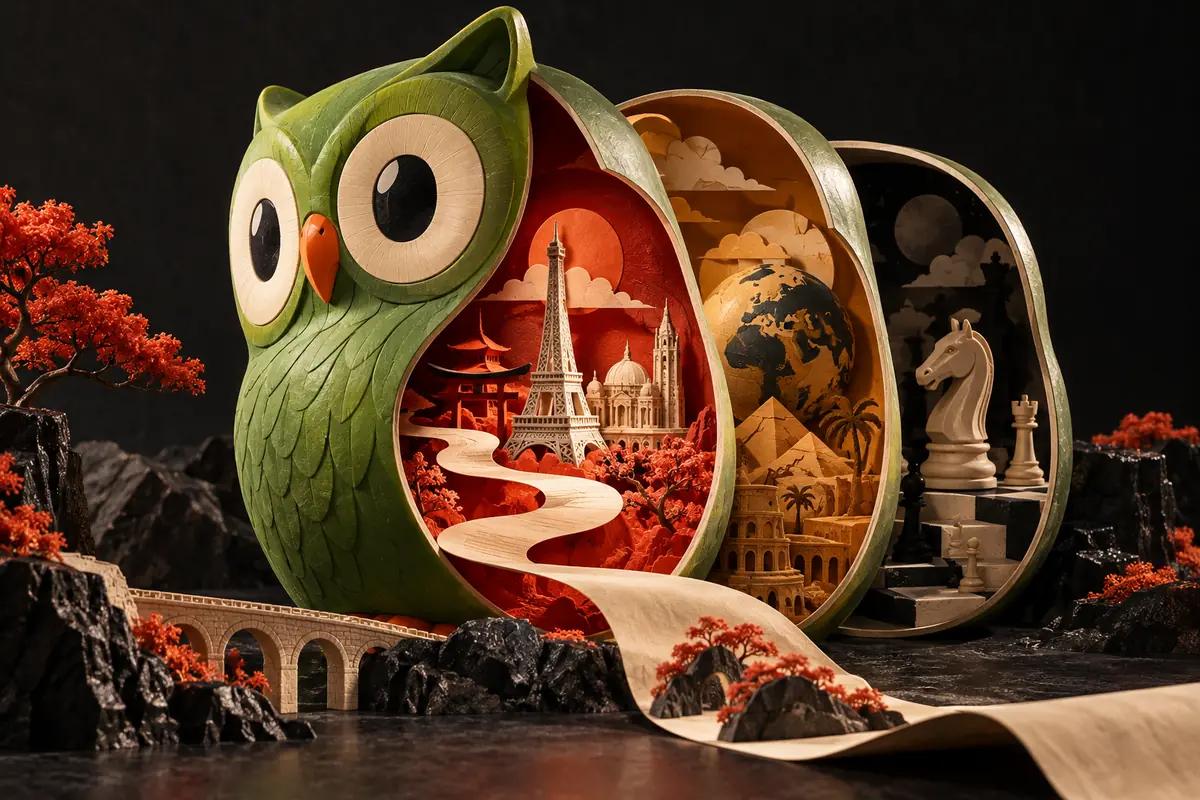 ASO Audit: Duolingo illustration: An owl-shaped learning sculpture opens into language, travel and chess scenes.
