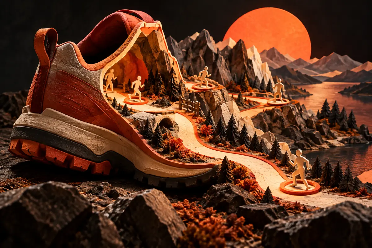 ASO Audit: Strava illustration: A running shoe becomes a mountain route shared by activity markers.