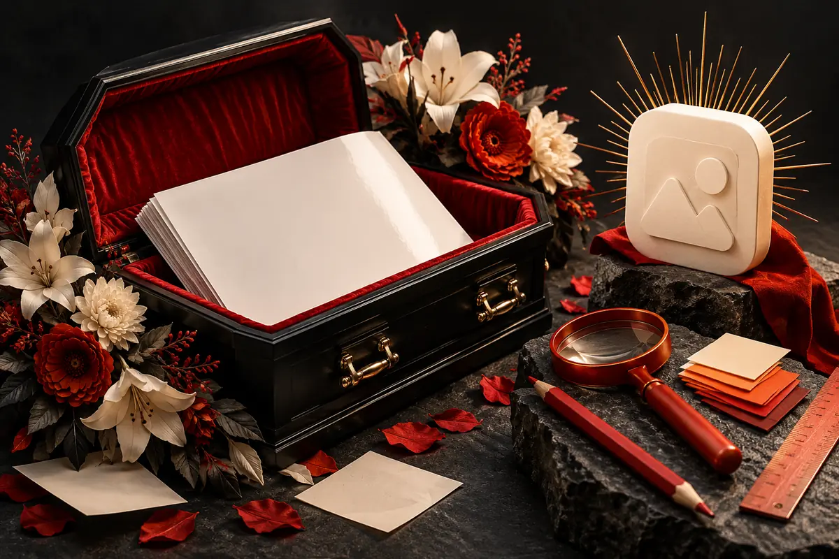 An open miniature coffin holds a blank slide deck beside a surviving app-shaped object and working tools, illustrating ASO without agency theatre.